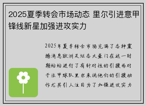 2025夏季转会市场动态 里尔引进意甲锋线新星加强进攻实力 2025夏季转会市场动态 里尔引进意甲锋线新星加强进攻实力